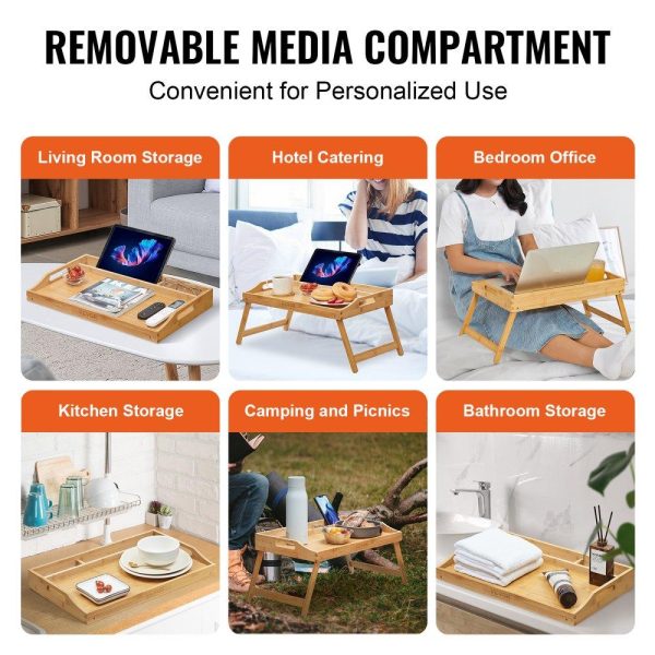 Smallwares | Bed Tray Table with Foldable Legs & Media Slot, Bamboo Breakfast Tray for Sofa, Bed, Eating, Snacking, and Working, Serving Laptop Desk Tray TV Tray, Portable Food Snack Platter, 19.7″ x 11.8″ Restaurant & Food Service Smallwares