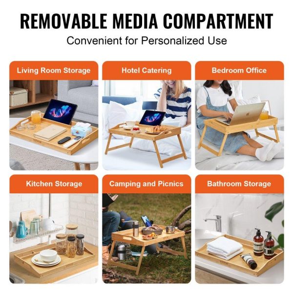 Smallwares | Bed Tray Table with Foldable Legs & Media Slot, Bamboo Breakfast Tray for Sofa, Bed, Eating, Snacking, and Working, Serving Laptop Desk Tray TV Tray, Portable Food Snack Platter, 21.6″ x 13.8″ Restaurant & Food Service Smallwares