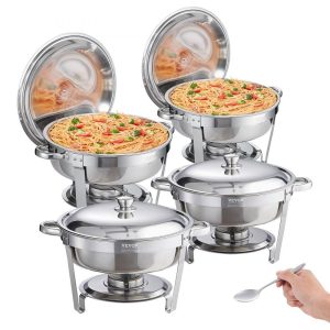 Smallwares | Chafing Dish Buffet Set, 6 Qt 4 Pack, Stainless Steel Chafer with Full Size Pan, Round Catering Warmer Server with Lid Water Pan Stand Fuel Holder Cover Holder Spoon, for at Least 6 People Each Restaurant & Food Service Smallwares