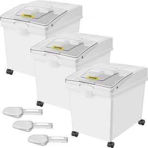 Smallwares | Ingredient Bin, 10.5 Gallons Capacity Ingredient Storage Bin, PP Material Flour Bins On Wheels, White Shelf Ingredient Bin with Scoop and Sliding Lid, Commercial Storage Bins 3 Pcs/Set Restaurant & Food Service Smallwares