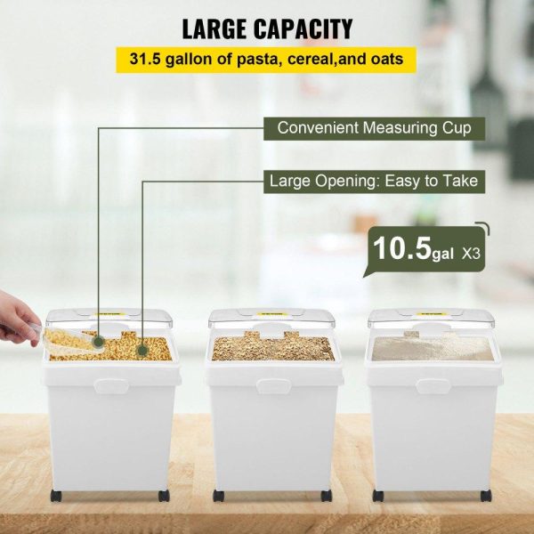 Smallwares | Ingredient Bin, 10.5 Gallons Capacity Ingredient Storage Bin, PP Material Flour Bins On Wheels, White Shelf Ingredient Bin with Scoop and Sliding Lid, Commercial Storage Bins 3 Pcs/Set Restaurant & Food Service Smallwares