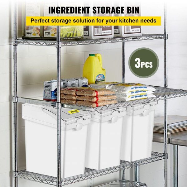 Smallwares | Ingredient Bin, 6.6 Gallons Capacity Ingredient Storage Bin, 3 Pcs/Set, PP Material Flour Bins On Wheels, White Shelf Ingredient Bin with Scoop and Sliding Lid, Commercial Storage Bins Restaurant & Food Service Smallwares