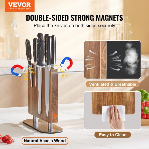 Smallwares | Magnetic Knife Block, 10 inch Home Kitchen Knife Holder, Double Sided Magnetic Knife Stand, Multifunctional Storage Acacia Wood Knives Rack, Cutlery Display Organizer for Knives, Utensils, Tools Restaurant & Food Service Smallwares