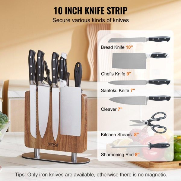 Smallwares | Magnetic Knife Block, 10 inch Home Kitchen Knife Holder, Double Sided Magnetic Knife Stand, Multifunctional Storage Acacia Wood Knives Rack, Cutlery Display Organizer for Knives, Utensils, Tools Restaurant & Food Service Smallwares