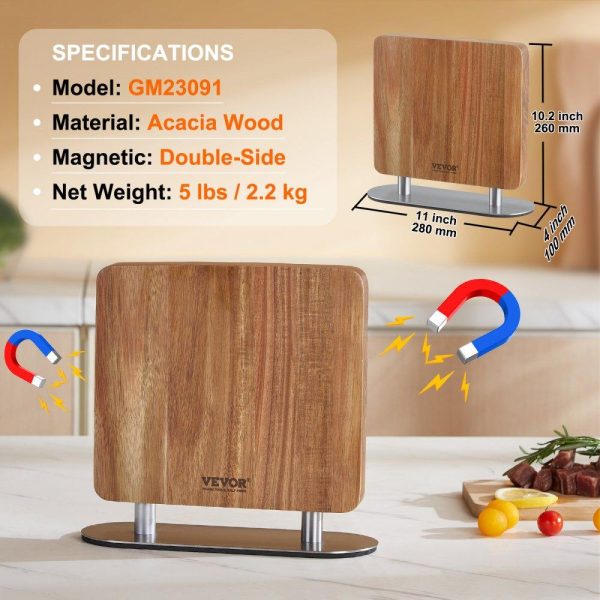 Smallwares | Magnetic Knife Block, 10 inch Home Kitchen Knife Holder, Double Sided Magnetic Knife Stand, Multifunctional Storage Acacia Wood Knives Rack, Cutlery Display Organizer for Knives, Utensils, Tools Restaurant & Food Service Smallwares