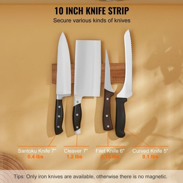 Smallwares | Magnetic Knife Holder with Enhanced Strong Magnet, 10″ No Drilling Knife Strips Organizer for Wall, Multifunctional Storage Acacia Wood Knives Rack, Knife Bar for Kitchen Knives, Utensils, Tools Restaurant & Food Service Smallwares