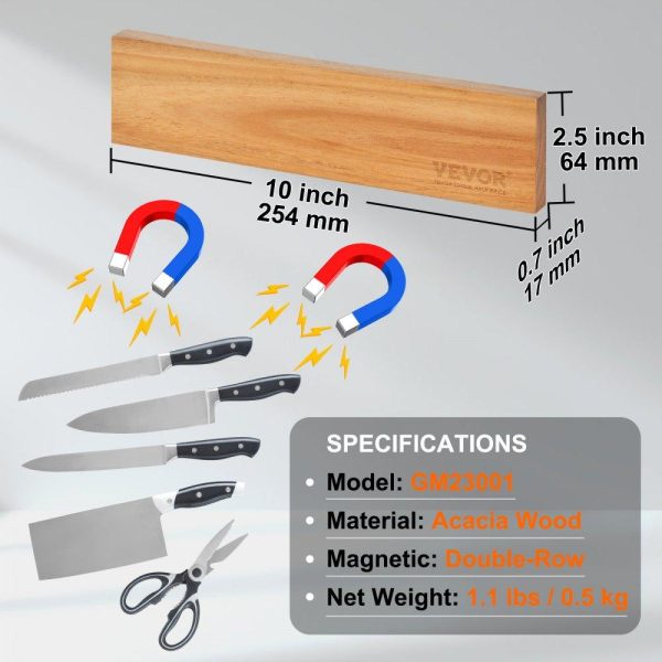 Smallwares | Magnetic Knife Holder with Enhanced Strong Magnet, 10″ No Drilling Knife Strips Organizer for Wall, Multifunctional Storage Acacia Wood Knives Rack, Knife Bar for Kitchen Knives, Utensils, Tools Restaurant & Food Service Smallwares