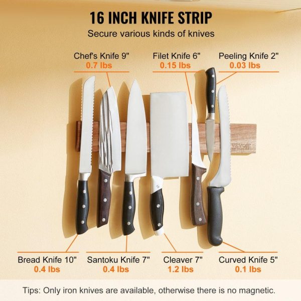 Smallwares | Magnetic Knife Holder with Enhanced Strong Magnet, 16″ No Drilling Knife Strips Organizer for Wall, Multifunctional Storage Acacia Wood Knives Rack, Knife Bar for Kitchen Knives, Utensils, Tools Restaurant & Food Service Smallwares