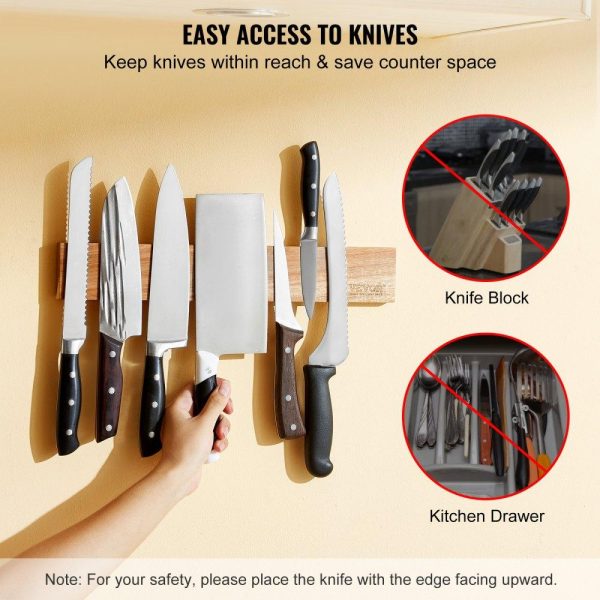 Smallwares | Magnetic Knife Holder with Enhanced Strong Magnet, 16″ No Drilling Knife Strips Organizer for Wall, Multifunctional Storage Acacia Wood Knives Rack, Knife Bar for Kitchen Knives, Utensils, Tools Restaurant & Food Service Smallwares