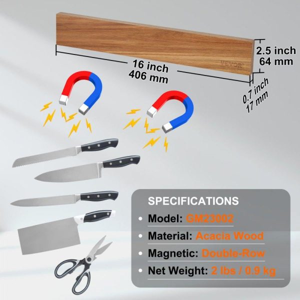 Smallwares | Magnetic Knife Holder with Enhanced Strong Magnet, 16″ No Drilling Knife Strips Organizer for Wall, Multifunctional Storage Acacia Wood Knives Rack, Knife Bar for Kitchen Knives, Utensils, Tools Restaurant & Food Service Smallwares