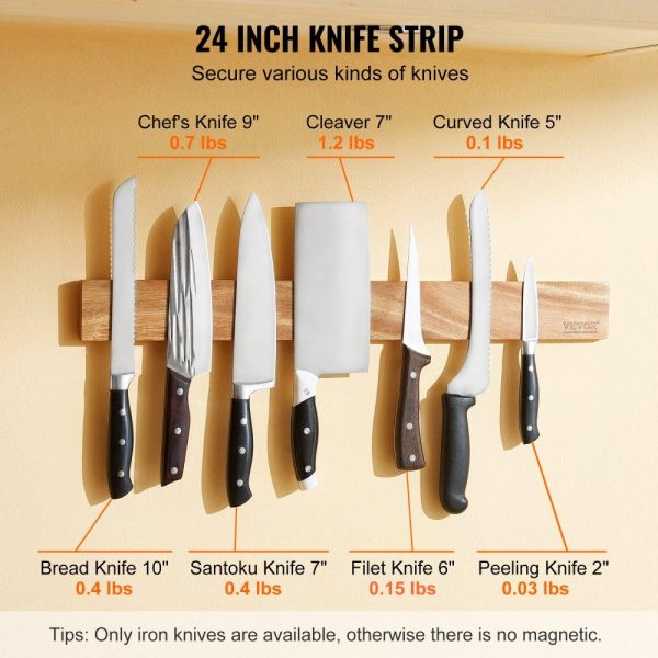 Smallwares | Magnetic Knife Holder with Enhanced Strong Magnet, 24″ No Drilling Knife Strips Organizer for Wall, Multifunctional Storage Acacia Wood Knives Rack, Knife Bar for Kitchen Knives, Utensils, Tools Restaurant & Food Service Smallwares