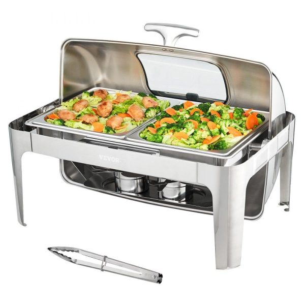 Smallwares | Rectangle Roll Top Chafing Dish with 9Qt Pan Visual Glass Lid Fuel Holder Restaurant & Food Service Smallwares