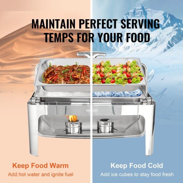 Smallwares | Rectangle Roll Top Chafing Dish with 9Qt Pan Visual Glass Lid Fuel Holder Restaurant & Food Service Smallwares