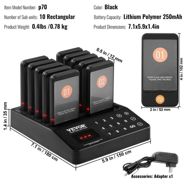 Smallwares | Restaurant Pager System, Wireless 400m Long Range Lineup Waiting Queue Signal, Guest Customer Calling Beepers with Vibration & Flashing, 10 Buzzers for Food Truck, Church, Nursery, Hospital Restaurant & Food Service Smallwares