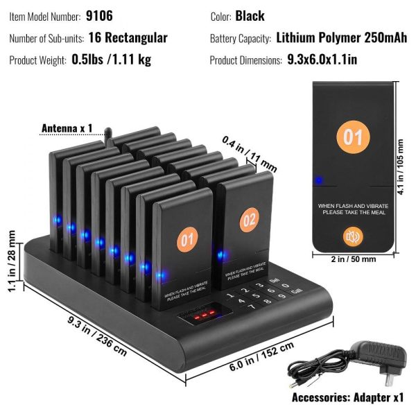 Smallwares | Restaurant Pager System, Wireless 500m Long Range Lineup Waiting Queue Signal, Guest Customer Calling Beepers with Vibration & Flashing, 16 Buzzers for Food Truck, Church, Nursery, Hospital Restaurant & Food Service Smallwares