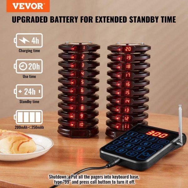 Smallwares | Restaurant Pager System, Wireless 500m Long Range Lineup Waiting Queue Signal, Guest Customer Calling Beepers with Vibration & Flashing, 20 Buzzers for Food Truck, Church, Nursery, Hospital Restaurant & Food Service Smallwares