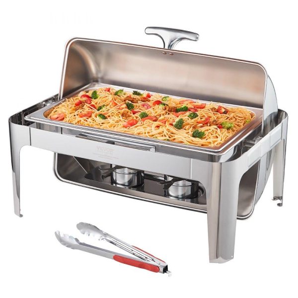 Smallwares | Roll Top Chafing Dish Buffet Complete Set, 8 Qt Stainless Steel Chafer with Full Size Pan, Rectangle Catering Warmer Server with Lid Water Pan Stand Fuel Holder Meal Clip, for at Least 8 People Restaurant & Food Service Smallwares