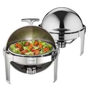 Smallwares | Roll Top Chafing Dish Buffet Set, 6 Qt 2 Pack, Stainless Steel Chafer with 2 Full Size Pans, Round Catering Warmer Server with Lid Water Pan Stand Fuel Holder, for at Least 5 People Each Restaurant & Food Service Smallwares