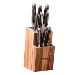 Smallwares | Universal Knife Holder, Acacia Wood Knife Block Without Knives, Two-Tier Knife Storage Stand with PP Brush, Extra Large Multifunctional Wooden Knife Organizer, Knife Rack for Kitchen Counter Restaurant & Food Service Smallwares