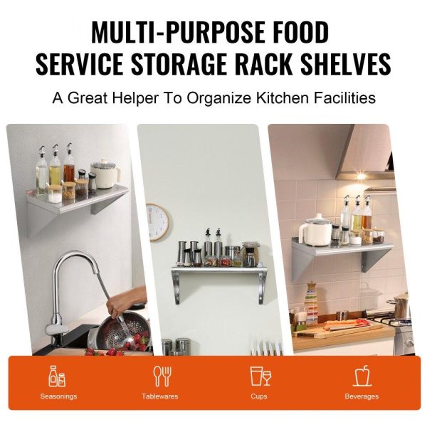 Storage & Organization | 12″ x 24″ Stainless Steel Shelf, Wall Mounted Floating Shelving with Brackets, 230 lbs Load Capacity Commercial Shelves, Heavy Duty Storage Rack for Restaurant, Kitchen, Bar, Home, and Hotel Restaurant & Food Service Storage & Organization