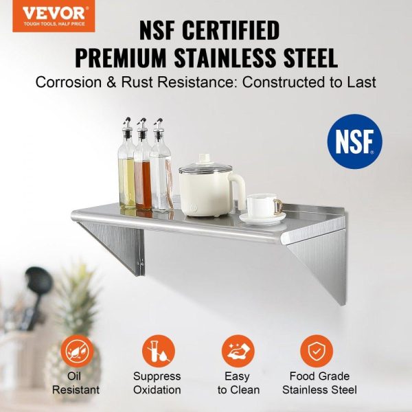 Storage & Organization | 12″ x 36″ Stainless Steel Shelf, Wall Mounted Floating Shelving with Brackets, 250 lbs Load Capacity Commercial Shelves, Heavy Duty Storage Rack for Restaurant, Kitchen, Bar, Home, and Hotel Restaurant & Food Service Storage & Organization