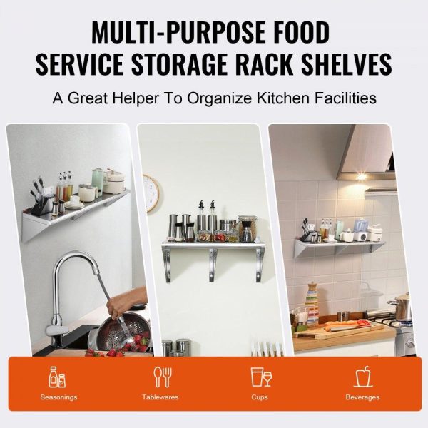 Storage & Organization | 12″ x 60″ Stainless Steel Shelf, Wall Mounted Floating Shelving with Brackets, 315 lbs Load Capacity Commercial Shelves, Heavy Duty Storage Rack for Restaurant, Kitchen, Bar, Home, and Hotel Restaurant & Food Service Storage & Organization