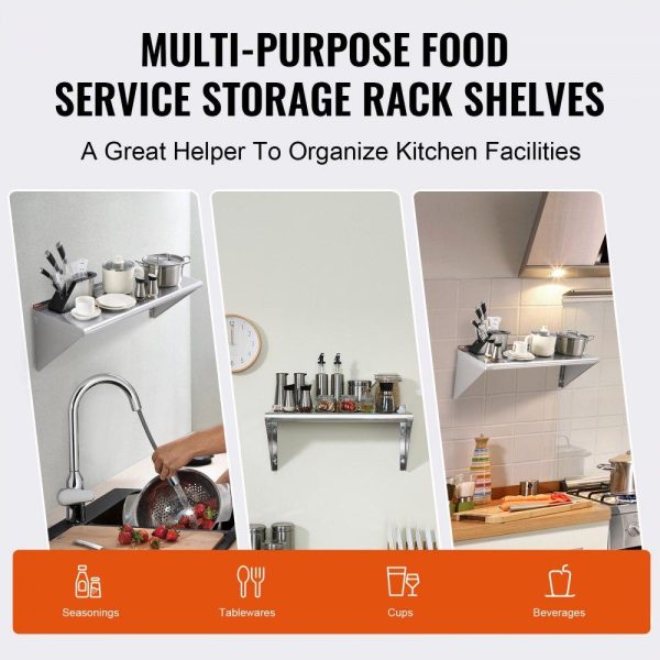 Storage & Organization | 14″ x 36″ Stainless Steel Shelf, Wall Mounted Floating Shelving with Brackets, 300 lbs Load Capacity Commercial Shelves, Heavy Duty Storage Rack for Restaurant, Kitchen, Bar, Home, and Hotel Restaurant & Food Service Storage & Organization