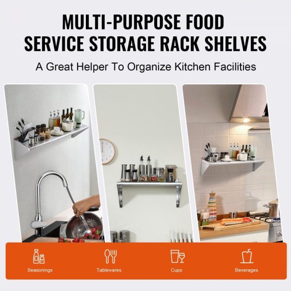 Storage & Organization | 14″ x 48″ Stainless Steel Shelf, Wall Mounted Floating Shelving with Brackets, 350 lbs Load Capacity Commercial Shelves, Heavy Duty Storage Rack for Restaurant, Kitchen, Bar, Home, and Hotel Restaurant & Food Service Storage & Organization