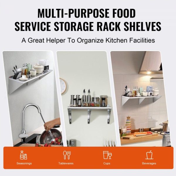 Storage & Organization | 18″ x 60″ Stainless Steel Shelf, Wall Mounted Floating Shelving with Brackets, 450 lbs Load Capacity Commercial Shelves, Heavy Duty Storage Rack for Restaurant, Kitchen, Bar, Home, and Hotel Restaurant & Food Service Storage & Organization