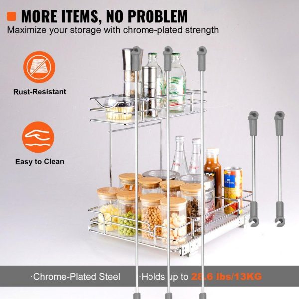 Storage & Organization | 2 Tier 12″W x 17″D Pull Out Cabinet Organizer, Heavy Duty Slide Out Pantry Shelves, Chrome-Plated Steel Roll Out Drawers, Sliding Drawer Storage for Inside Kitchen Cabinet, Bathroom, Under Sink Restaurant & Food Service Storage & Organization