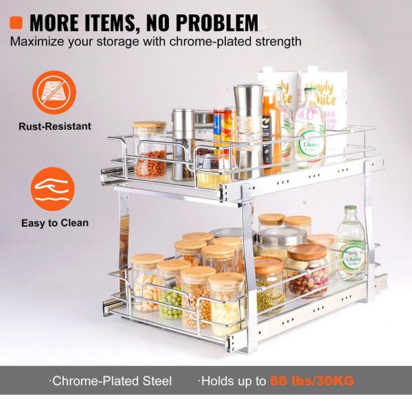 Storage & Organization | 2 Tier 14″W x 21″D Pull Out Cabinet Organizer, Heavy Duty Slide Out Pantry Shelves, Chrome-Plated Steel Roll Out Drawers, Sliding Drawer Storage for Inside Kitchen Cabinet, Bathroom, Under Sink Restaurant & Food Service Storage & Organization