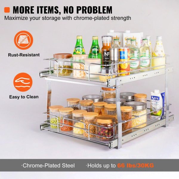 Storage & Organization | 2 Tier 19″W x 20″D Pull Out Cabinet Organizer, Heavy Duty Slide Out Pantry Shelves, Chrome-Plated Steel Roll Out Drawers, Sliding Drawer Storage for Inside Kitchen Cabinet, Bathroom, Under Sink Restaurant & Food Service Storage & Organization