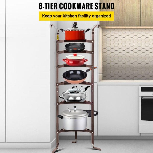 Storage & Organization | 6-Tier Cookware Stand, Carbon Steel Multi-Layer Pot Rack, 61-inch Cookware Shelf, Bronze Cookware Storage Tower, Unassembled Kitchen Corner Shelf Rack for Pans, Pots, Baskets and Kettles Storage Bronze Restaurant & Food Service Bronze