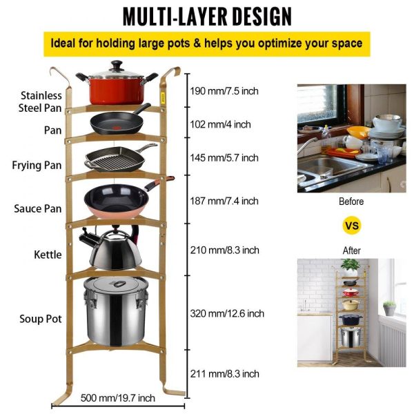 Storage & Organization | 6-Tier Cookware Stand, Carbon Steel Multi-Layer Pot Rack, 61-inch Cookware Shelf, Copper Cookware Storage Tower, Unassembled Kitchen Corner Shelf Rack for Pans, Pots, Baskets and Kettles Storage Copper Stains Restaurant & Food Service Copper Stains