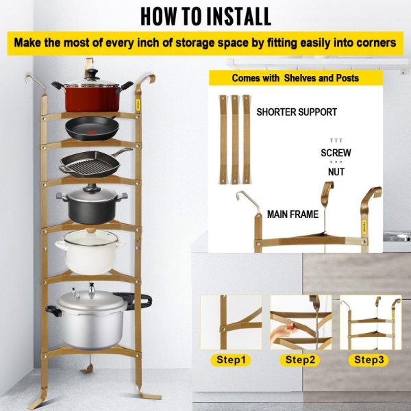 Storage & Organization | 6-Tier Cookware Stand, Carbon Steel Multi-Layer Pot Rack, 61-inch Cookware Shelf, Copper Cookware Storage Tower, Unassembled Kitchen Corner Shelf Rack for Pans, Pots, Baskets and Kettles Storage Copper Stains Restaurant & Food Service Copper Stains