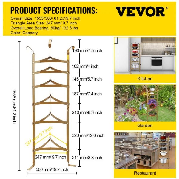 Storage & Organization | 6-Tier Cookware Stand, Carbon Steel Multi-Layer Pot Rack, 61-inch Cookware Shelf, Copper Cookware Storage Tower, Unassembled Kitchen Corner Shelf Rack for Pans, Pots, Baskets and Kettles Storage Copper Stains Restaurant & Food Service Copper Stains