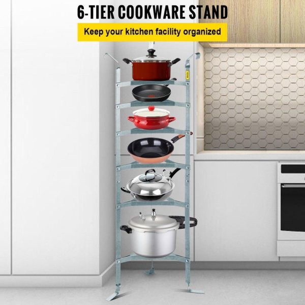 Storage & Organization | 6-Tier Cookware Stand, Carbon Steel Multi-Layer Pot Rack, 61-inch Cookware Shelf, Satin Nickel Cookware Storage Tower, Unassembled Kitchen Corner Shelf Rack for Pans, Pots, and Baskets Storage Wrought Nickel Restaurant & Food Service Storage & Organization