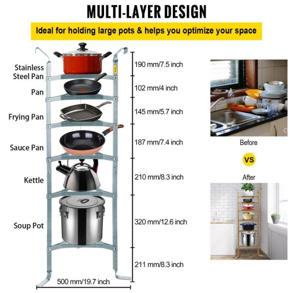 Storage & Organization | 6-Tier Cookware Stand, Carbon Steel Multi-Layer Pot Rack, 61-inch Cookware Shelf, Satin Nickel Cookware Storage Tower, Unassembled Kitchen Corner Shelf Rack for Pans, Pots, and Baskets Storage Wrought Nickel Restaurant & Food Service Storage & Organization