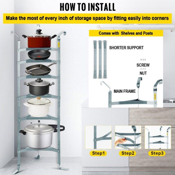 Storage & Organization | 6-Tier Cookware Stand, Carbon Steel Multi-Layer Pot Rack, 61-inch Cookware Shelf, Satin Nickel Cookware Storage Tower, Unassembled Kitchen Corner Shelf Rack for Pans, Pots, and Baskets Storage Wrought Nickel Restaurant & Food Service Storage & Organization