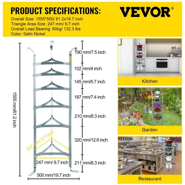 Storage & Organization | 6-Tier Cookware Stand, Carbon Steel Multi-Layer Pot Rack, 61-inch Cookware Shelf, Satin Nickel Cookware Storage Tower, Unassembled Kitchen Corner Shelf Rack for Pans, Pots, and Baskets Storage Wrought Nickel Restaurant & Food Service Storage & Organization