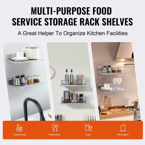 Storage & Organization | 8.6″ x 16″ Stainless Steel Shelf, Wall Mounted Floating Shelving with Backsplash, 44 lbs Load Capacity Commercial Shelves, Heavy Duty Storage Rack for Restaurant, Kitchen, Bar, Home, and Hotel (2 Packs) Restaurant & Food Service Storage & Organization