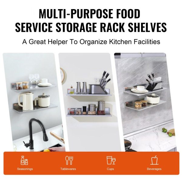 Storage & Organization | 8.6″ x 24″ Stainless Steel Shelf, Wall Mounted Floating Shelving with Backsplash, 44 lbs Load Capacity Commercial Shelves, Heavy Duty Storage Rack for Restaurant, Kitchen, Bar, Home, and Hotel (2 Packs) Restaurant & Food Service Storage & Organization