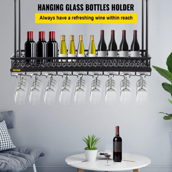 Storage & Organization | Ceiling Wine Glass Rack, 35.8 x 13 inch Hanging Wine Glass Rack, 18.9-35.8 inch Height Adjustable Hanging Wine Rack Cabinet, Black Wall-Mounted Wine Glass Rack Perfect for Bar Cafe Kitchen Black Restaurant & Food Service Black