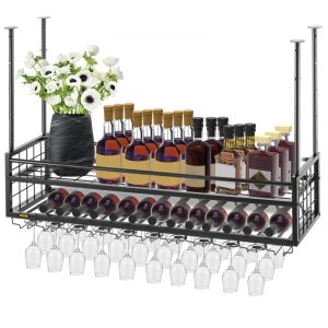 Storage & Organization | Ceiling Wine Glass Rack, 46.9 x 11.8 inch Hanging Wine Glass Rack, 18.9-35.8 inch Height Adjustable Hanging Wine Rack Cabinet, Black Wall-Mounted Wine Glass Rack Perfect for Bar Cafe Kitchen Black Restaurant & Food Service Black