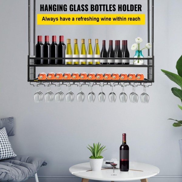 Storage & Organization | Ceiling Wine Glass Rack, 46.9 x 11.8 inch Hanging Wine Glass Rack, 18.9-35.8 inch Height Adjustable Hanging Wine Rack Cabinet, Black Wall-Mounted Wine Glass Rack Perfect for Bar Cafe Kitchen Black Restaurant & Food Service Black