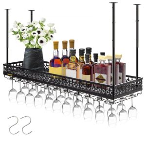 Storage & Organization | Ceiling Wine Glass Rack, 46.9 x 13 inch Hanging Wine Glass Rack, 18.9-35.8 inch Height Adjustable Hanging Wine Rack Cabinet, Black Wall-Mounted Wine Glass Rack Perfect for Bar Cafe Kitchen Black Restaurant & Food Service Black