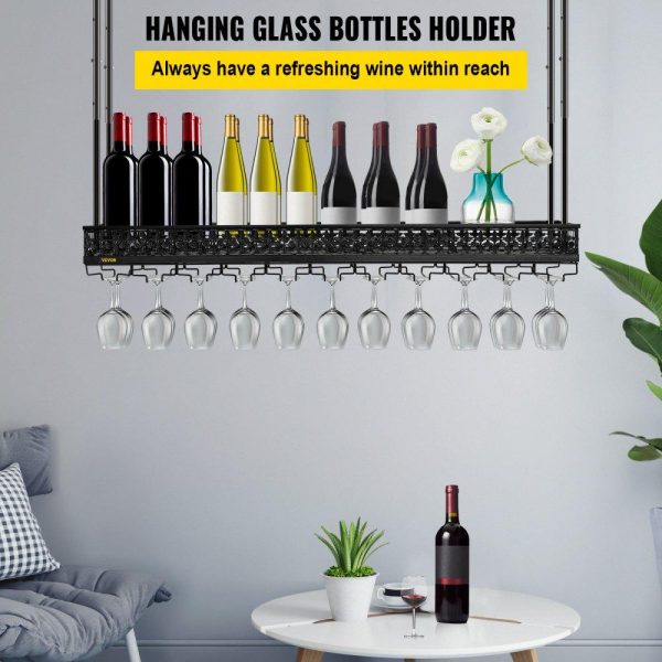 Storage & Organization | Ceiling Wine Glass Rack, 46.9 x 13 inch Hanging Wine Glass Rack, 18.9-35.8 inch Height Adjustable Hanging Wine Rack Cabinet, Black Wall-Mounted Wine Glass Rack Perfect for Bar Cafe Kitchen Black Restaurant & Food Service Black