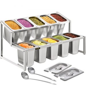 Storage & Organization | Expandable Spice Rack, 13.8″-23.6″ Adjustable, 2-Tier Stainless Steel Organizer Shelf with 10 1/9 Pans 10 Ladles, Countertop Inclined Holder for Sauce Ingredients Fruits, for Kitchen Pantry Use Restaurant & Food Service Storage & Organization