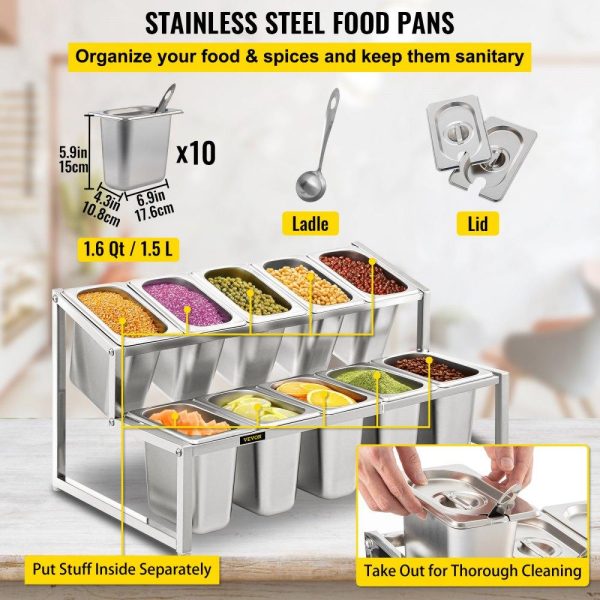 Storage & Organization | Expandable Spice Rack, 13.8″-23.6″ Adjustable, 2-Tier Stainless Steel Organizer Shelf with 10 1/9 Pans 10 Ladles, Countertop Inclined Holder for Sauce Ingredients Fruits, for Kitchen Pantry Use Restaurant & Food Service Storage & Organization