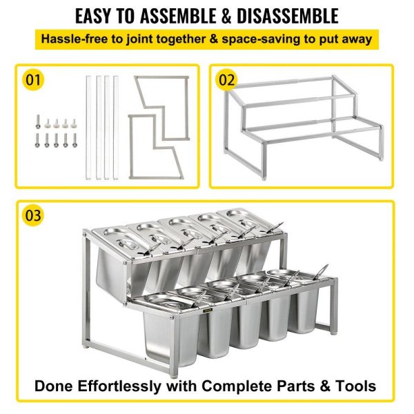 Storage & Organization | Expandable Spice Rack, 13.8″-23.6″ Adjustable, 2-Tier Stainless Steel Organizer Shelf with 10 1/9 Pans 10 Ladles, Countertop Inclined Holder for Sauce Ingredients Fruits, for Kitchen Pantry Use Restaurant & Food Service Storage & Organization